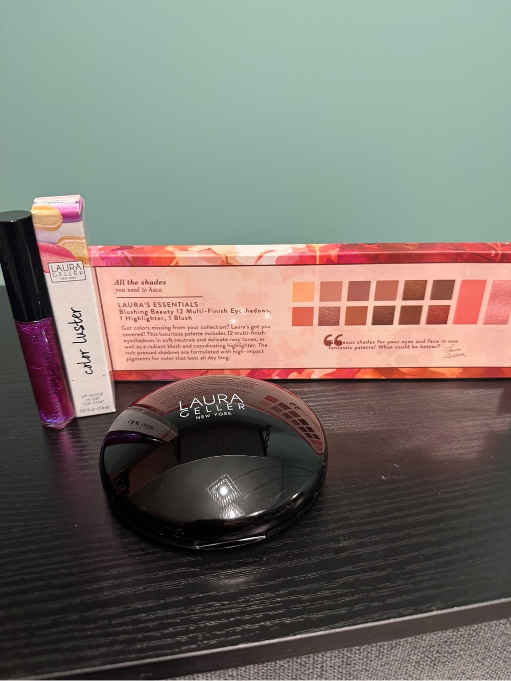 3 pc Laura Geller bundle, foundation, eyeshadow/blush palette, lip gloss
